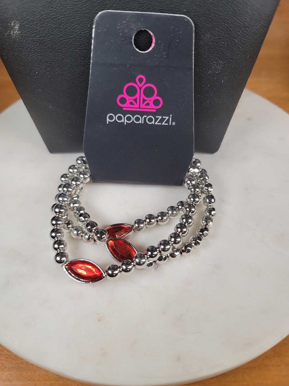 Paparazzi Silver-Tone Triple Strand Bracelet with Red Marquise Gems